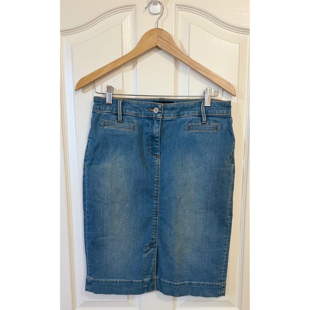 Women's Talbots Stretch Denim Pencil Skirt Front Slit Classic Casual Western 4.